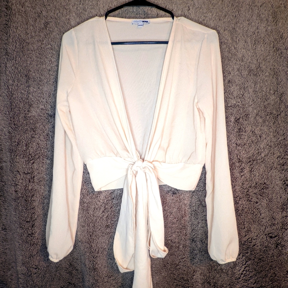 Fashion Nova sheer long sleeve tie front cropped top